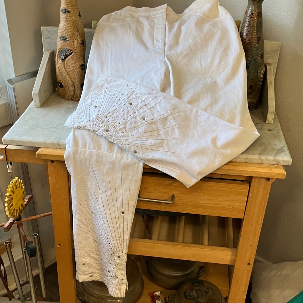 St. John Collection White Boot Cut Pants Embellished Bottom Cute Sexy